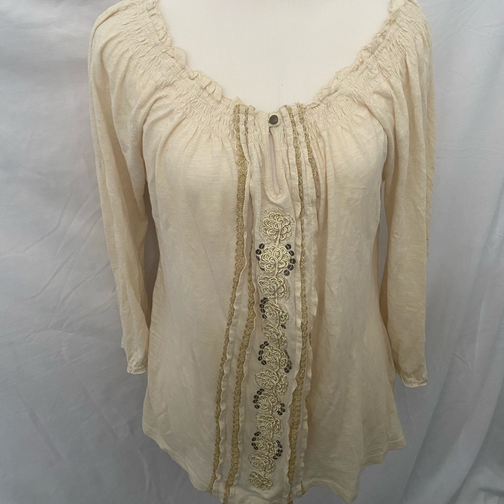 Lucky Brand cream peasant top with gold embroidery